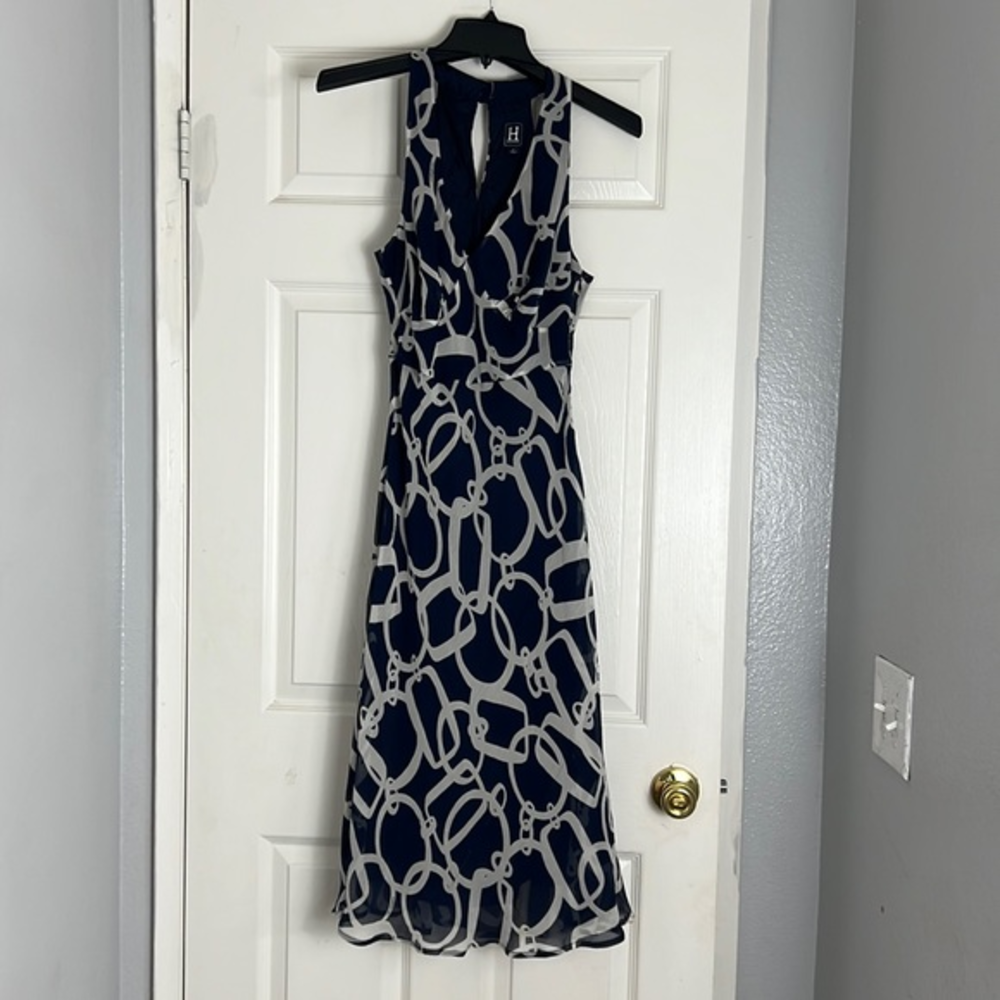 Tommy Hilfiger Navy and White Patterned Midi Dress